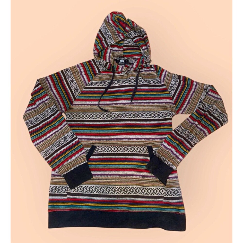Beautiful Giant Multicolor Striped Knit Pullover Hoodie Pockets Mens L